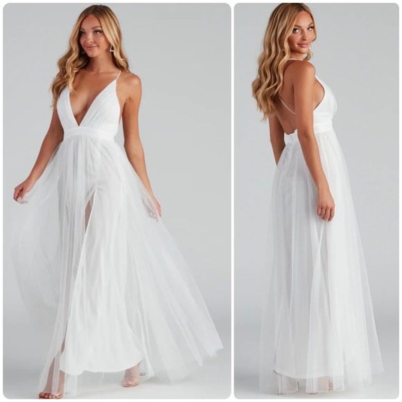 Windsor Dresses & Skirts - Windsor Womens White Tulle V-Neck Open Back Slit Formal Bridal Maxi Dress Size S